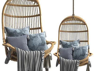 Stylish Rattan Leisure Chairs With Leaf Patterned Cushions And Striped Blankets Including Hanging Design 3d model