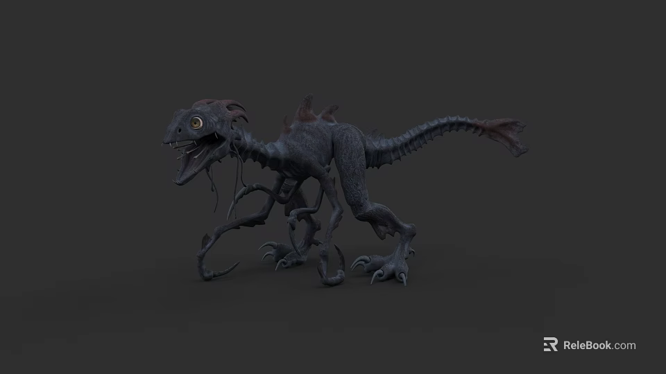 3D Model Mythical Monster Creature With Gray Body Red Head Protrusions Long Tail Sharp Claws 3d model 