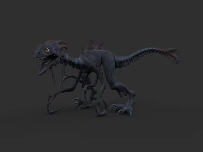 3D Model Mythical Monster Creature With Gray Body Red Head Protrusions Long Tail Sharp Claws 3d model