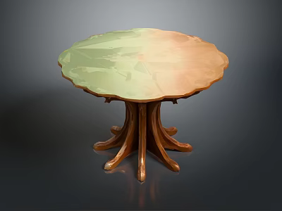 Round Dining Table With Scalloped Edge And Green Gold Gradient Top On Wooden Curved Legs 3d model