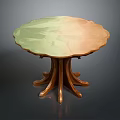 Round Dining Table With Scalloped Edge And Green Gold Gradient Top On Wooden Curved Legs