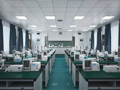 Well Equipped Scientific Laboratory With Green Countertops Blue Flooring And Organized Lab Benches 3d model