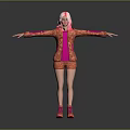 Woman with pink hair posing in orange patterned outfit and pink shoes arms outstretched