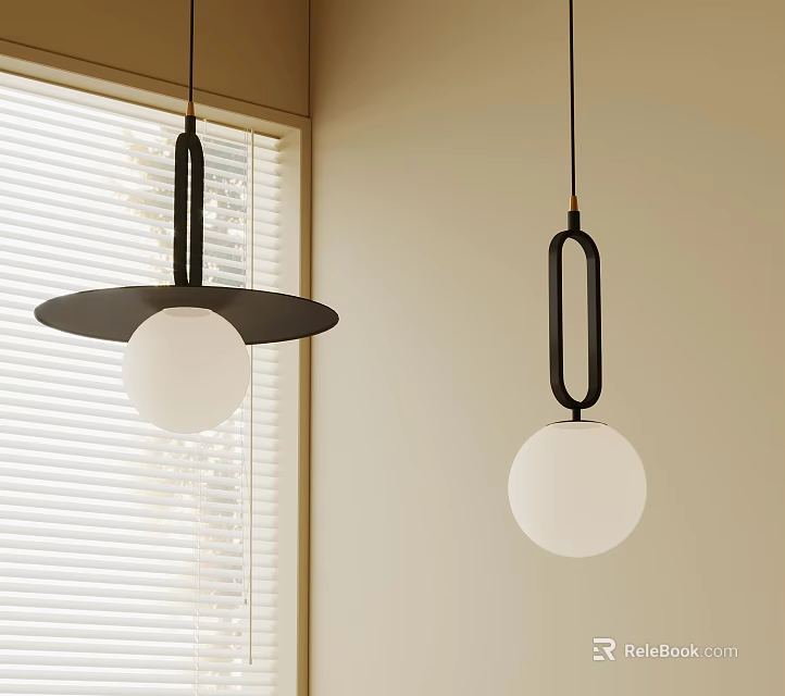 Modern Pendant Lights With Black Circular Base And Rectangular Ring White Globe Shades 3d model 