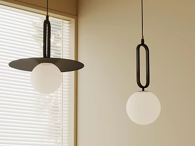 Modern Pendant Lights With Black Circular Base And Rectangular Ring White Globe Shades 3d model
