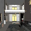 Modern Duplex Living Room Interior With High Ceiling TV Wall Round Painting And Green View