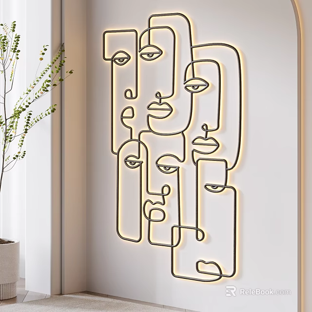 Modern Abstract Face Line Wall Decor with LED Light in Minimalist Interior 3d model 