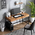 Wooden Computer Desk With Monitor Books Wall Shelf Green Plant And Black Chair