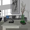 Modern Living Room Featuring Black Sofa Gray Cushions Marble Coffee Table Abstract Painting Floor Lamp