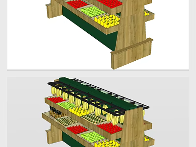 Wooden Multi Tiered Display Shelves Holding Fresh Colorful Fruits 3d model