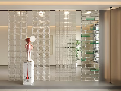 Modern Interior Glass Partition Design With Transparent Panels And Potted Green Plant 3d model