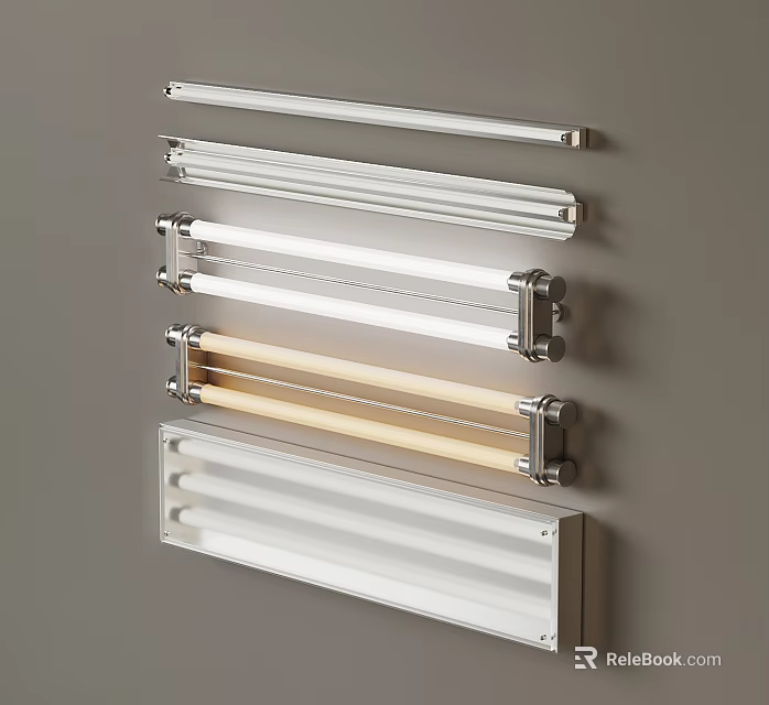 Wall Mounted Long Strips In Different Materials Arranged On Gray Wall 3d model 