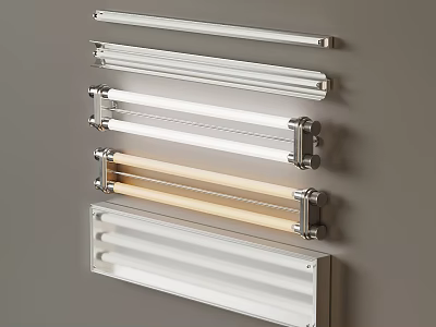 Wall Mounted Long Strips In Different Materials Arranged On Gray Wall 3d model