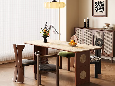 Modern Dining Table And Chairs Set With Vase Flowers Fruits Blinds Pendant Light And Cabinet 3d model