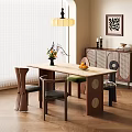 Modern Dining Table And Chairs Set With Vase Flowers Fruits Blinds Pendant Light And Cabinet