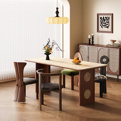 Modern Dining Table And Chairs Set With Vase Flowers Fruits Blinds Pendant Light And Cabinet 3d model
