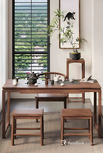 Chinese Style Serene Tea Room With Wooden Tea Table Teapot And Green Plants View 3d model 