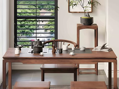 Chinese Style Serene Tea Room With Wooden Tea Table Teapot And Green Plants View 3d model