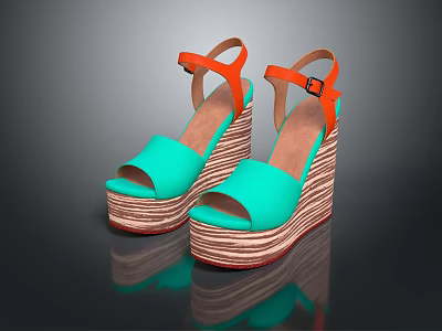 Open Toe Turquoise Upper Sandals With Orange Straps And Wooden Platform Wedge Heel 3d model
