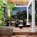Rustic Wooden Cottage With Gray Roof Green Plants Stone Tile Courtyard And Pergola
