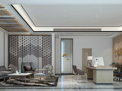 Elegant Modern Office Interior Design With Lounge Area Work Desk And Wall Decorations 3d model