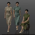 Three Women Wearing Golden Green And Dark Green Qipao Standing And Sitting On Gray Background