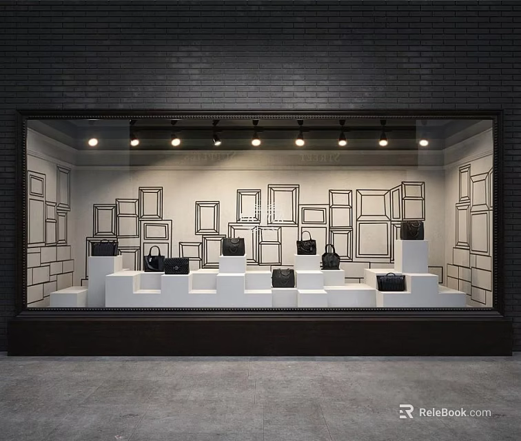 Stylish Shop Window Display With Framed Decor Black Handbags White Display Stands And Lighting 3d model 