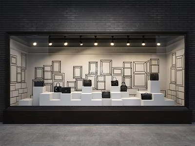 Stylish Shop Window Display With Framed Decor Black Handbags White Display Stands And Lighting 3d model