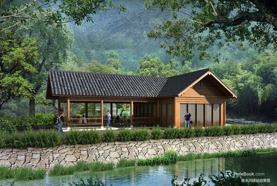 Scenic Public Toilet With Traditional Wooden Structure Near Mountains Water Trees And Stone Wall 3d model 