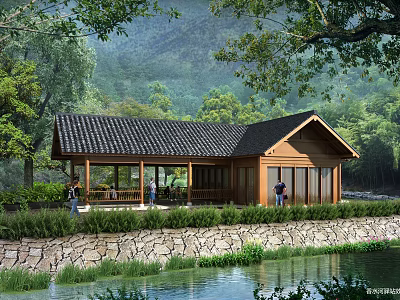 Scenic Public Toilet With Traditional Wooden Structure Near Mountains Water Trees And Stone Wall 3d model