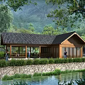 Scenic Public Toilet With Traditional Wooden Structure Near Mountains Water Trees And Stone Wall