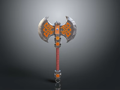 Ornate Battle Axe With Silver Blades Orange Intricate Patterns And Red Wrapped Handle 3d model