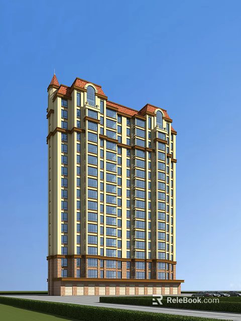 Tall Residential Building With Red Roof Yellow Walls Numerous Windows And Blue Sky Background 3d model 