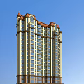 Tall Residential Building With Red Roof Yellow Walls Numerous Windows And Blue Sky Background