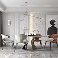 Modern Dining Table Set With Gray And Brown Chairs Hanging Light And Wall Decor 3d model