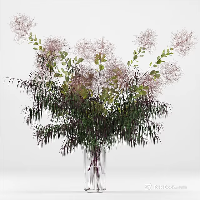 Vase with Pale Pink Feathery Blooms and Green Slender Leaves for Home Decor 3d model 