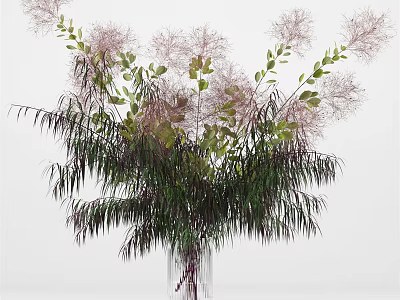 Vase with Pale Pink Feathery Blooms and Green Slender Leaves for Home Decor 3d model