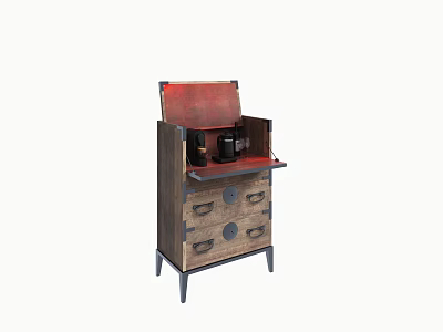 Vintage Wooden Entryway Side Cabinet With Drawers Metal Handles And Brown Finish 3d model