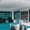 Luxury Shoe Store Interior With Teal Display Shelves Red Shoes Green Rug And Marble Tables