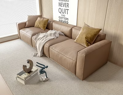 Beige Sectional Leather Sofa With Pillows Throw Blanket Area Rug And Window Blinds 3d model