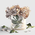 Modern Elegant Decorative Ornament Set With Glass Vase Beige Gray Peonies And Leaves