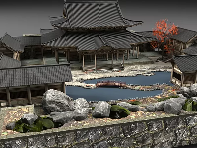Traditional Ancient Architecture With Classic Roof Pond Stone Bridge Rocks And Trees 3d model