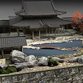 Traditional Ancient Architecture With Classic Roof Pond Stone Bridge Rocks And Trees