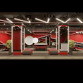 Modern Gym Interior With Red Fitness Equipment And Neon Lights