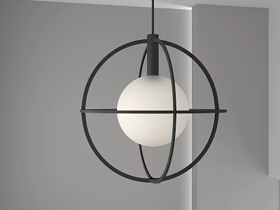 Modern Minimalist Pendant Light With Circular Black Metal Frame And White Spherical Shade 3d model