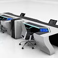 Modern Multi workstation Office Desk With Display Screens And Ergonomic Chairs In White Sleek Design