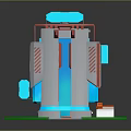 Modern 3D Tall Structure With Blue Top Red White Accents Green Base And Small Building