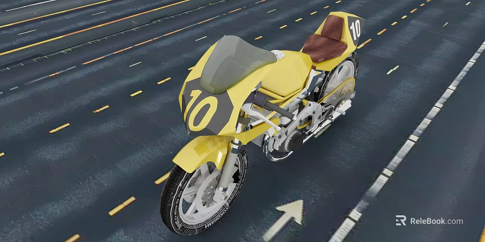 Yellow Motorcycle With Number 10 And Brown Seat On Road 3d model 