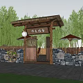 Wooden Entrance Gate With Stone Wall Surroundings Lush Green Trees Red Umbrellas And Wooden Tables