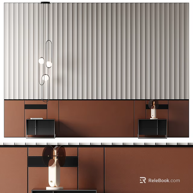 Bedroom Accent Wall With Vertical Stripes Pendant Lights And Cabinets 3d model